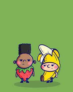 two cartoon characters standing next to each other on a green background, one with a banana and the other with a strawberry