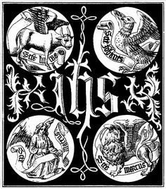 an image of four different symbols in the form of letters with animals and birds on them