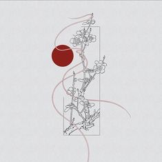 an abstract drawing of flowers and a red ball on a white background with lines in the middle