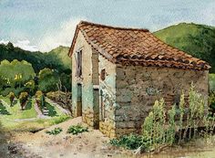 a painting of an old stone house in the country