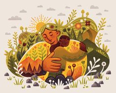 an illustration of two people hugging each other in the middle of a field with mountains and trees