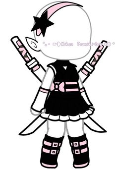 a drawing of a girl in black and pink clothes holding two swords with stars on them