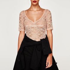 Zara Nude Lace Embellished Bodysuit. Pair It With A Blazer And High Waist Trousers For A Perfect Work To Dinner Look. Keep It Tasteful And Wear With A Bra Or Bandeau. Snap Crotch Closure Short Sleeves Lace Texture Color Nude (Peachy Blush) Fuller Back Coverage 88% Polyamide, 12% Elastane Offers Less Than 3 Items Will Go Unanswered Lowest Price Listed Final Sale Chic V-neck Top With Lined Body, Chic Lace Bodysuit For Summer, Chic Lace Top Bodysuit For Party, Spring Lace Bodysuit For Night Out, Chic Party Bodysuit With Lace Top, Summer Lace Bodysuit For Night Out, Summer Party Bodysuit With Short Sleeves, Summer Party Lace Bodysuit, Party Bodysuit With Short Sleeves