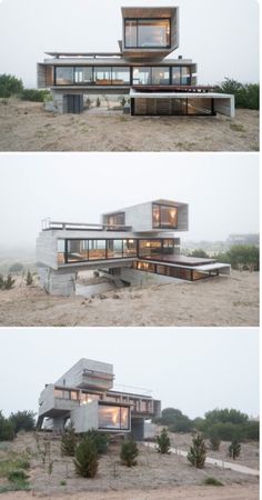 two pictures of the exterior of a modern house in the middle of an open field