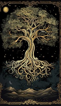 the tree of life is shown in gold and black, with an intricate border around it