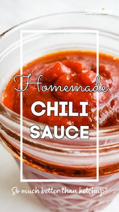 homemade chili sauce in a glass jar with text overlay