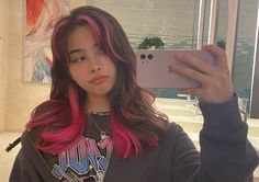 Bisexual Fashion, Pink Peekaboo Hair, Pink Hair Streaks, Pink Hair Highlights, Mirror Selfie Aesthetic, Acdc Shirt, Pink Hair Dye, Hot Pink Hair, Hair Color Underneath