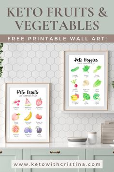 the keto fruits and vegetables printable wall art is displayed on a kitchen counter