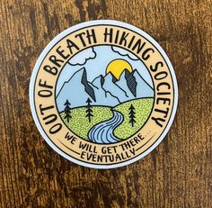 Join the club with our 'Out of Breath Hiking Society' sticker! This 2" x 2" matte sticker features a charming line art of an outdoor scene and the humorous text "out of breath hiking society, we will get there eventually". Perfect for hikers who take their time to enjoy the journey. Stick it on your water bottle, laptop, notebook, or anywhere you want to showcase your love for the great outdoors and your relaxed hiking style. Made with high-quality materials, this sticker is designed to withstand the elements while keeping its vibrant look. Specifications: Size: 2" x 2" Finish: Matte Design: Line art of an outdoor scene with text Durable and weatherproof Perfect as a gift for hiking enthusiasts, friends, or to treat yourself. Embrace the journey, no matter how long it takes! Stickers Etsy, Out Of Breath Hiking Society, Hike More Worry Less, Hiking Club Logo, Outdoorsy Stickers, Hiking Club, Casual Text Print T-shirt For Hiking, Funky Shirts, Adventure Club