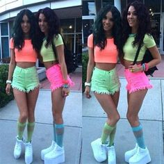 two pictures of a woman wearing neon colored clothing