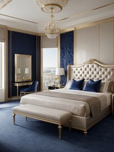 a bedroom with blue carpet and white bedding, chandelier above the bed