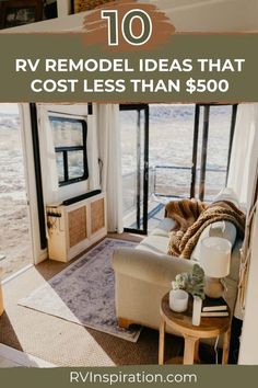 a living room with the words rv remodel ideas that cost less than $ 500