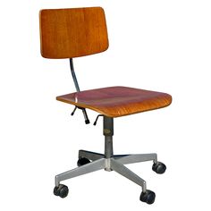 an office chair with wheels and a wooden seat