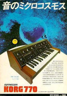 an advertisement for the korg 70 synthesizer in japan, with space and earth in the background