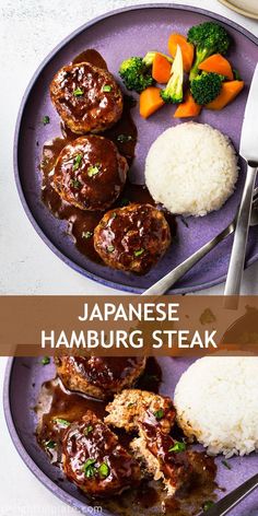 japanese hamburger steak on a plate with rice and broccoli