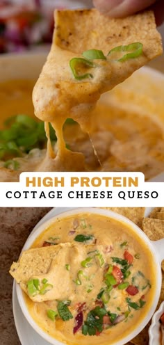 two pictures with different types of food and the words high protein cottage cheese quesadilla