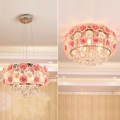 the chandelier is hanging from the ceiling with roses on it, and in between two walls