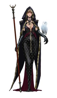 a woman dressed in black and gold holding a white bird on her arm, standing next to an owl