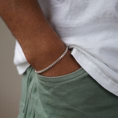 Model wearing 925 sterling silver mens Carter bracelet Mens Silver Chain Bracelet, Luxury Everyday Sterling Silver Men's Bracelet, Mens Chain Bracelet Sterling Silver, Adjustable Masculine Stainless Steel Bracelets, Mens Jewelry Bracelet Silver Jewelry1000.com, Mens Chain Bracelet, Gold Jewelry Gift, Mens Bracelet Silver, Forever Jewelry