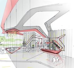 an architectural drawing of a building with red and yellow lines