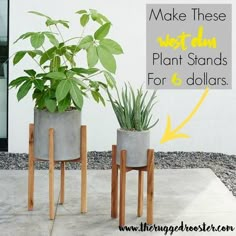 two planters with plants in them sitting on the ground next to a building sign that says make these west - dan plant stands for 6 dollars