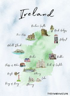 a watercolor map of ireland with all the towns and places to see on it