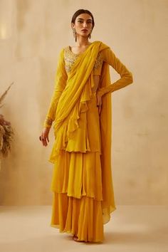 Shop for Bhumika Sharma Yellow Chiffon Pre-draped Ruffle Saree Set for Women Online at Aza Fashions Full Sleeve Saree, Bhumika Sharma, Saree Yellow, Unique Bridesmaid Dresses, Floral Lehenga, Organza Lehenga, Net Blouses, Ruffle Saree, Organza Skirt