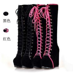 Top Rated Womens Casual Punk Lace Up Platform Wedge Heel Knee High Boots Gothic Shoes, Women's shoes Harajuku Shoes, Goth Boots, Goth Shoes, Gothic Shoes, High Heels Boots, Lace Up High Heels, Prom Heels, Platform Wedge Heels, Mode Kpop