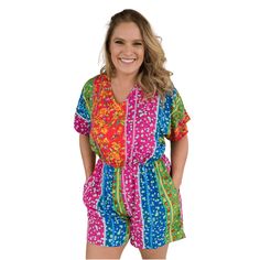 Live Ambitiously Romper This fun floral print romper is a fabulous lightweight woven poplin material! The bright colored romper has a v-neck and elastic waist. it. Slide on a pair of sandals and you are ready for the day! Fabric Content: 100% rayon Sizing: S: 2-6, M: 8-10, L: 12-14, XL: 14-16, 1XL: 16-18, 2XL: 20-22, 3XL: 24-26 Models:Alicia (curly blonde hair): 5'5" size small top, size 4 bottoms Mattie (curly brunette hair): size medium top, size 8 bottomsKim (straight brunette hair): 5'7" siz Curly Brunette Hair, Curly Brunette, Straight Brunette Hair, Curly Blonde Hair, Fox Clothing, Skort Dress, Boutique Trends, Floral Print Rompers, Bright Colored