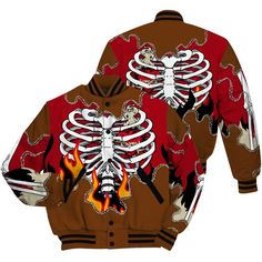 Brand Dunkare Archaeo Brown 5s Shirt Skeleton Heart On Fire All Over Print Baseball Varsity Jacket Cotton Outerwear With All Over Print For Fall, Halloween Cotton Outerwear With Skull Print, Fitted Skull Print Streetwear Outerwear, Red Casual Outerwear For Halloween, Long Sleeve Cotton Outerwear With Skull Print, Cotton Long Sleeve Outerwear With Skull Print, Cotton Fall Outerwear With Skull Print, Red Long Sleeve Outerwear For Halloween, Halloween Long Sleeve Outerwear With Skull Print