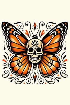 an orange butterfly with a skull on it's back and some swirls around the wings