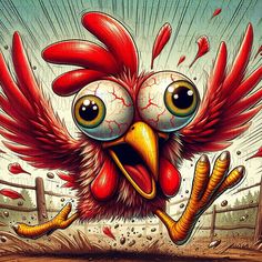 a chicken with big eyes and red feathers is running through the dirt in front of a fence