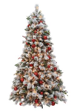 a white christmas tree with red and silver ornaments on it's branches is shown in front of a white background