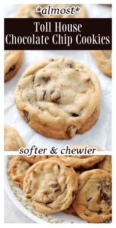 chocolate chip cookies are stacked on top of each other with the words almost too house chocolate chip