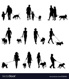 silhouettes of people walking their dogs on a leash in different poses and positions,