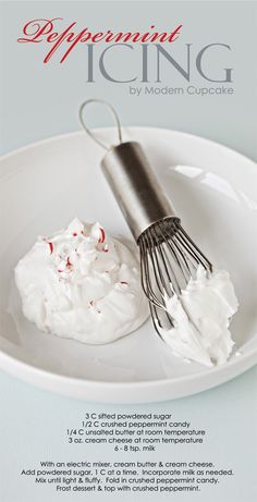 an advertisement for peppermint icing on a plate with a whisk