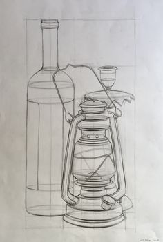 a drawing of an oil lamp and bottle next to each other on a piece of paper