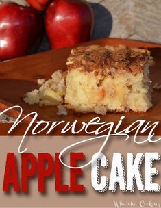 there is a piece of apple cake on the wooden plate with apples in the background