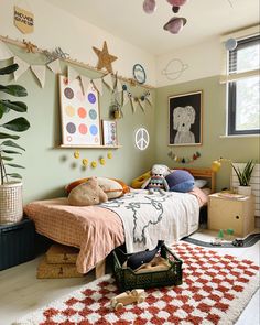 Boys bedroom with muted green walls and accents of terracotta and pale oak. Football Garland, Boys Bedroom Makeover