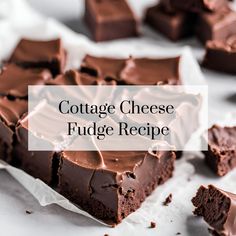 chocolate fudge recipe with text overlay that reads cottage cheese fudge recipe on white parchment paper