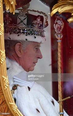 an older man wearing a crown and standing in front of a golden frame stock photo