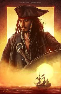 a man with dreadlocks and a pirate hat holding a steering wheel in front of a sunset