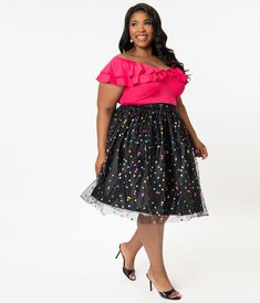 Magnolia Place Plus Size Black Mesh & Rainbow Metallic Polka Dots Swing Skirt Cape Sleeves, Plus Size Black, Knit Bodysuit, Model Pictures, Polka Dot Print, Black Mesh, Black Knit, Unique Vintage, Magnolia