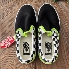 Custom Vans Slip On Sneakers Black Checkered With Neon Green Accent Never Worn New With Tags Women’s 8 Men’s 6.5 Vans Black Slip-on Sneakers With Rubber Sole, Black Vans Slip-on Sneakers With Rubber Sole, Black Vans Slip-on Sneakers For Streetwear, Retro Black Sneakers For Summer, Black Casual Slip-on Skate Shoes, Casual Black Slip-on Skate Shoes, Vans Black Casual Slip-on Sneakers, Black Skate Shoes With Rubber Sole For Spring, Casual Black Vans Slip-on Sneakers