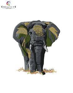 an elephant with tusks is shown in the embroidery design on a white background