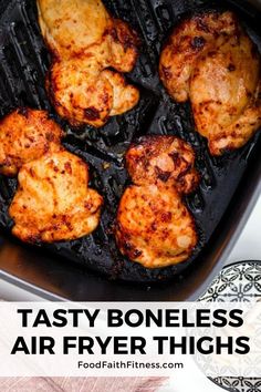 tasty boneless air fryer thighs in a skillet with text overlay