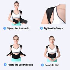 the instructions for how to use an adjustable back brace on a woman's body