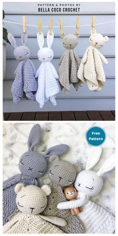 three crocheted bunny bunnies hanging on clothes pins with the text, bear and bunny lovey blanket free crochet pattern