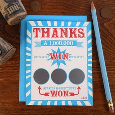 AFD* Thank You Scratch Off Ticket -  - Cards - Feliz Modern Lotto Tickets, Thanks A Million, Scratch Off Tickets, Things To Do Today, Scratch Off Cards, Ticket Design, Calendar Organization, Gift Post, Scratch Card