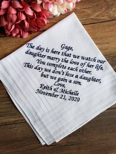 "100% Cotton Color: White Dimensions: 16W x 16L inches Material: Cotton -----DEFAULTS: ...(Son in law name)... The day is here that we watch our daughter marry the love of her life. You complete each other. This day we don't lose a daughter, but we gain a son. Love, ...(Parents names)... ....(Date).... Wish to receive a preview (proof) before we start the embroidery ? Please let us know in the personalization box. Please be aware, that can add an extra time to processing (1-3 days ) Please enter Classic Personalized Wedding Handkerchiefs, Classic Wedding Handkerchiefs For Father's Day, Custom Text White Handkerchiefs For Wedding, White Handkerchiefs With Custom Text For Wedding, White Custom Text Handkerchiefs For Wedding, To My Son In Law, Son In Law Gifts, Embroidered Handkerchief Wedding, Handkerchief Wedding